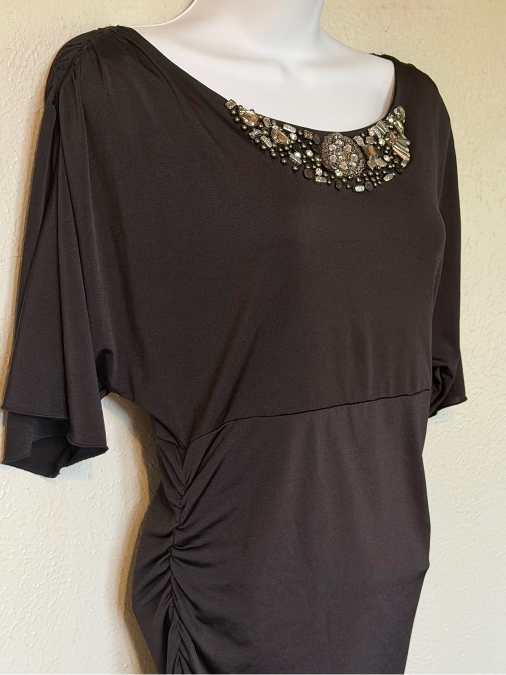 Y2K AB Studio Jeweled Neck Embellished Stretchy Ruched Waist Flutter Sleeve Top